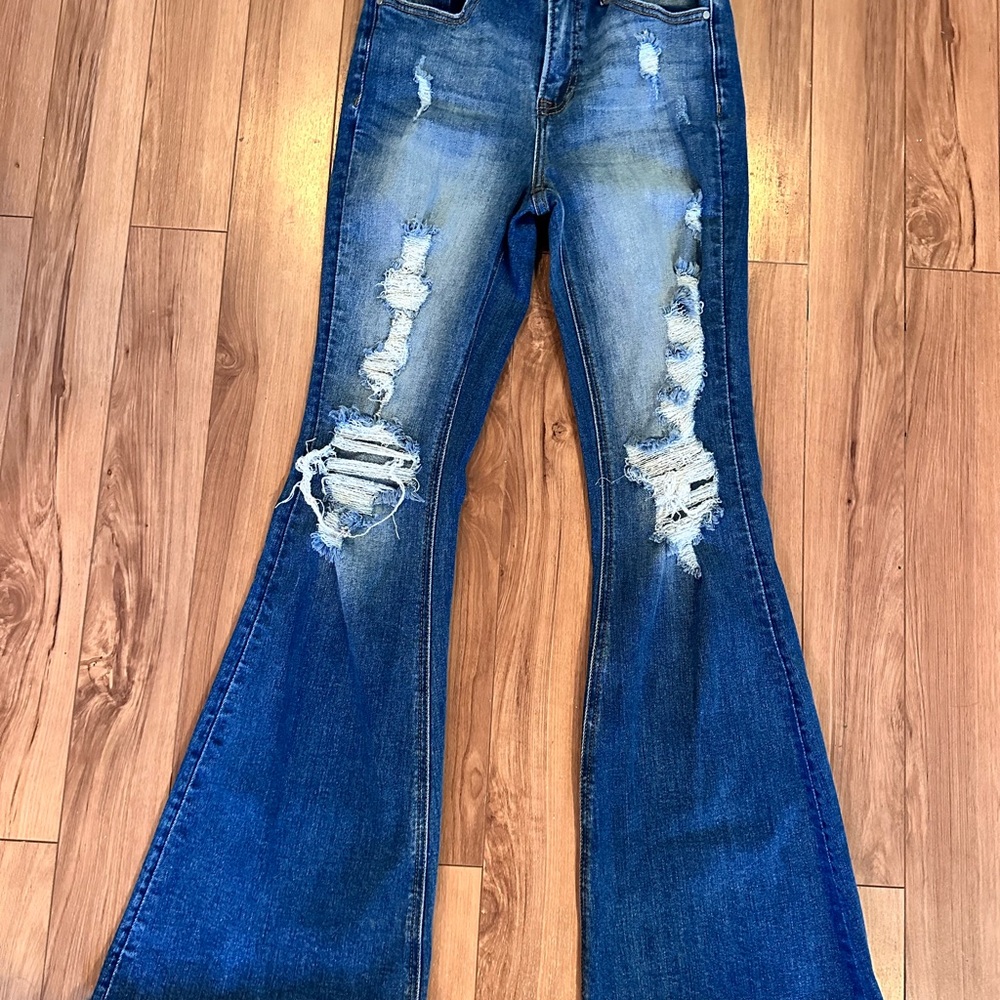 Women's RISEN Distressed Flare Jeans - Blue
